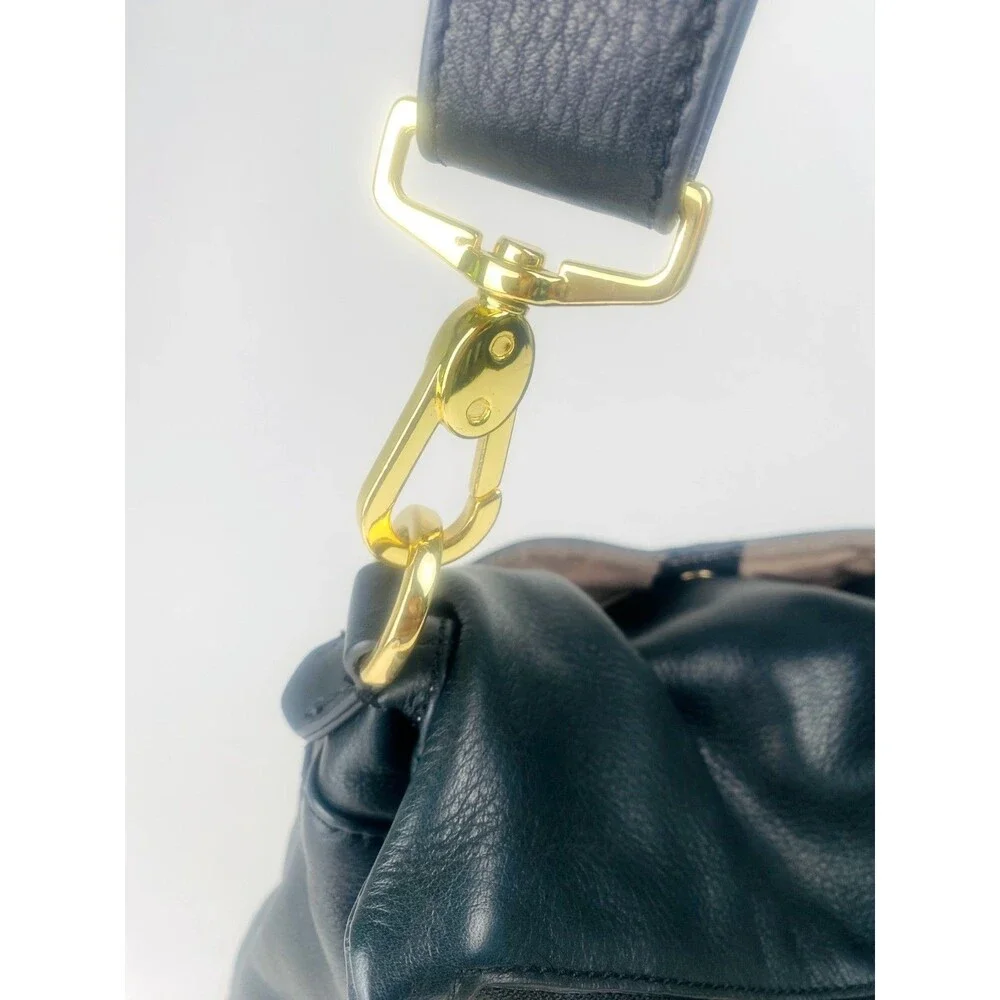 Margot Mickey Black Pebbled Leather Foldover Shoulder Bag Gold Hardware Slouchy